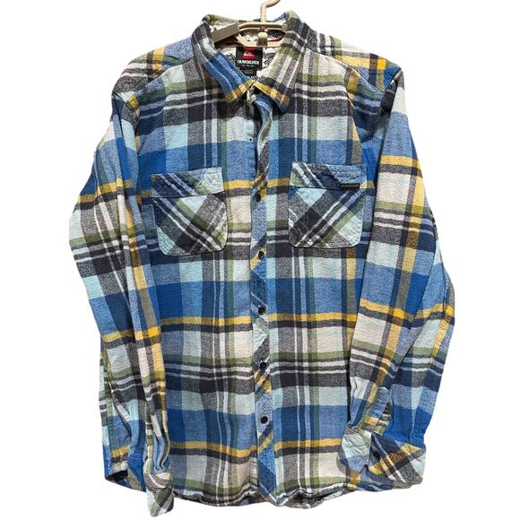 Quiksilver Flannel Shirt Boy Size XL Blue Yellow Plaid Shacket Missing Button - Picture 1 of 6